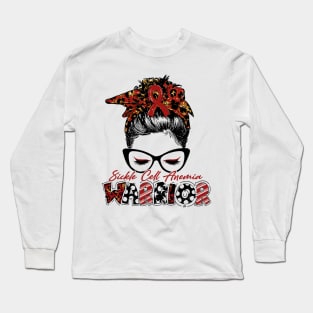 Sickle Cell Anemia Awareness Warrior Women Glasse Messy Bun Leopard Bandana - Happy Mothers Day, Valentines Day Long Sleeve T-Shirt